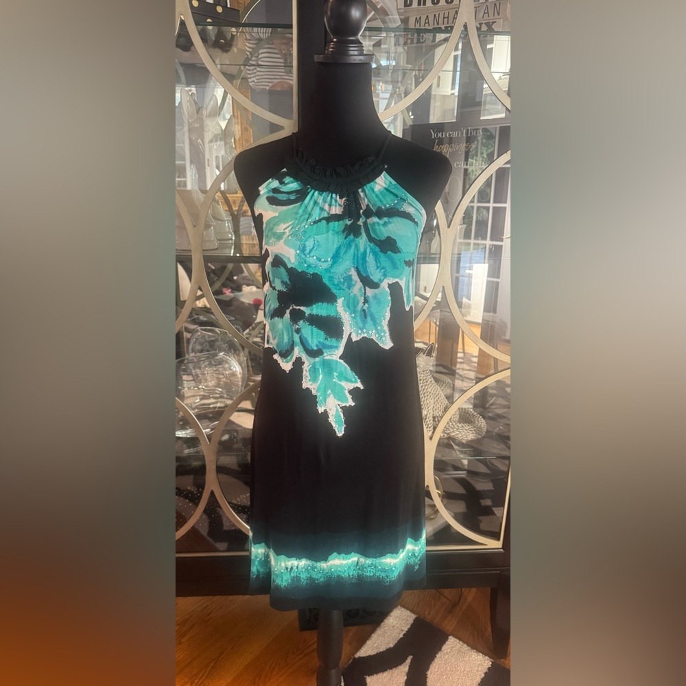 INC International Concepts Black and Turquoise Floral Midi Dress